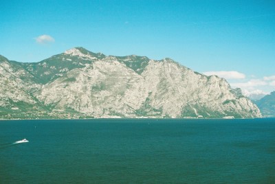 Limone beneath cliffs, seen as Ferry approaches